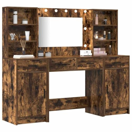 vidaXL Schminktischset mit LED 3 STK. Geräucherte Eiche Holzwerkstoff | Perfekt für verschiedene Vanities, Mit mehreren Schubladen und Regalen, Aus massivem Holzwerkstoff