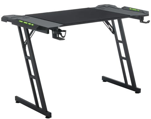 XMTECH Table de jeu Z-Frame - 160 x 60 cm - Avec LED RVB - Surface en fibre de carbone - Ergonomique - Avec crochet pour casque et porte-gobelet - Noir