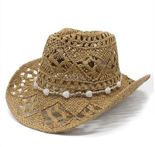 Generisch Sombrero de vaquero occidental para niñas, mujeres, hombres, verano, sombrero de paja moldeable, sombrero para el sol ahuecado, sombrero para el sol para niños rojo, caqui, talla única