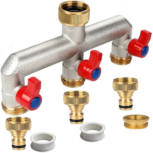 Brass Garden Hose Splitter, 1/2 inch and 3/4, 3 Way Tap Connector with On/Off Valves and Extended Handle, Hose Pipe Splitter Wide Can Mounting Two Water Timer Meanwhile