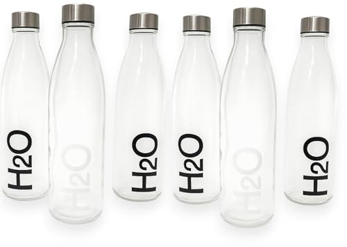 KORAT Set 6 Bottiglie Vetro 1 Litro con Tappo a Vite in Acciaio Inox Bottiglie Riutilizzabili per Acqua, Succhi, Design Elegante Senza BPA, Ideali per Frigo e Tavola, Ristoranti, Bar, Cene Estive
