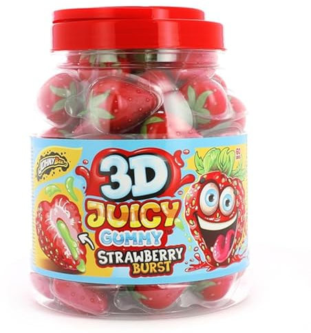 Strawberry 3D Juicy Gummy | Tarro 60 Fresas Rellenas Ácidas | Chuches Sin Gluten | Aptas Vegetarianas y Halal