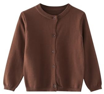 Strickjacke Mädchen Junge Langarm mit Knöpfen Pullover Cardigan Leichter Basic Fleece Strickpullover Einfarbige Rundhals Schuluniform Warme Gestrickte Jacke (Brown, 9-10 Years)