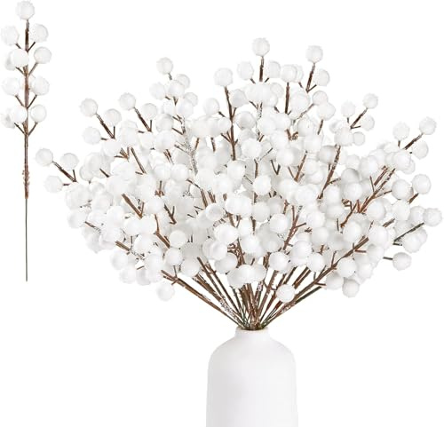 Maimeili 30 Pack Natural Artificial Holly Snowy White Berries Wire Stems for Christmas Tree Decorations Wreath Craft Use Wedding Party Favor Home Bathroom Table Vase Filler