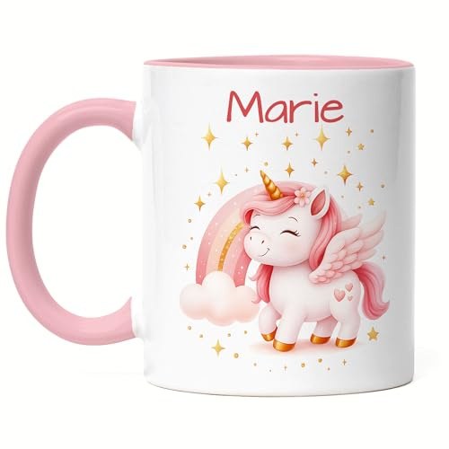 Kiddle-Design Einhorn Tasse Kinder Personalisiert mit Name - Kinderbecher für Kita, Kindergarten - Kindertasse mit Einhorn-Motiv als Trinkbecher, Zahnputzbecher - Einhorntasse Rosa