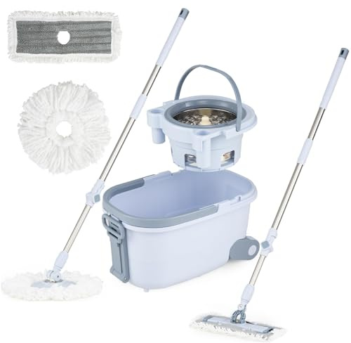 FANTASK Mocio e secchio, mocio e sistema a secchio, con funzione strizzatore, separazione delle acque reflue, testine rettangolari e rotonde a 360°, set completo per pulizia a umido e a secco (blu)