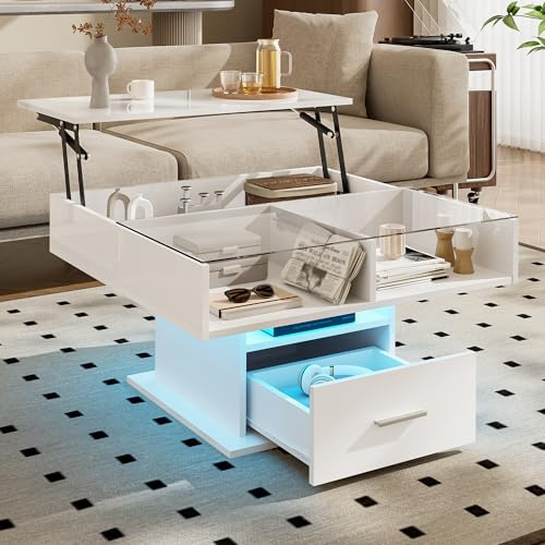 Crlnaup Multifunktionaler Hochglanz-Lift-Couchtisch mit LED-Beleuchtung, Verstellbarer Höhe & flexiblem Stauraum – modernes Design für Wohnzimmer, Büro & kleine Wohnungen