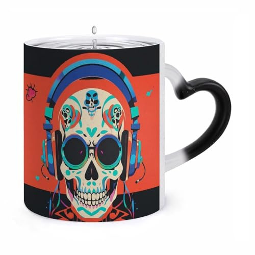 WAFICAC Punk Rock Earphones Skull Changing Mug 11 Oz HeatCoffee Mug with Ear Shape Handle Designs Funny Ceramic Mugs Personalized Novelty Cups Hot Tea Cups for Men Women Gifts