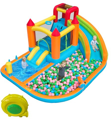 Generisch Multifunktionale Outdoor-Hüpfburg mit Wasserrutsche, Trampolin & Basketballkorb – Trockene & Nasse Nutzung – 450W Gebläse – EN71 Zertifiziert für Kinder 3-8 Jahre (180kg Tragkraft)