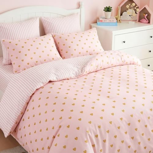 Freyamy Herz Bettwäsche 135x200 Herzen Rosa Gold Gestreifte Bettwäsche Set | Aesthetic Bettwäsche Mädchen, Microfaser ÖKO-TEX Bettwäsche-Sets, 2 Bettbezug mit Reißverschluss und 2 Kissenbezug 80x80cm