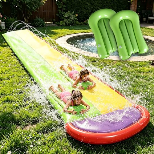 KUWUNG Double Lane Slip and Slide, Water Slide for Garden with 2 Bodyboard, Build in Sprinkler, Slip n Slides for Backyard Outdoor Water Fun for Kids Adults, Summer Water Toy (600×140cm)