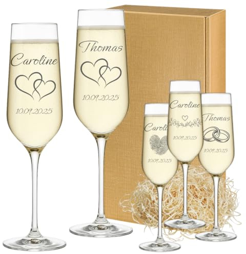 2 Personalisierte Sektgläser mit Gravur - Hochzeitsgläser Set für Brautpaar - Champagnergläser mit Namen und Datum - Geschenk zur Hochzeit - Viele Motive zur Auswahl - 195 ml Sektglas