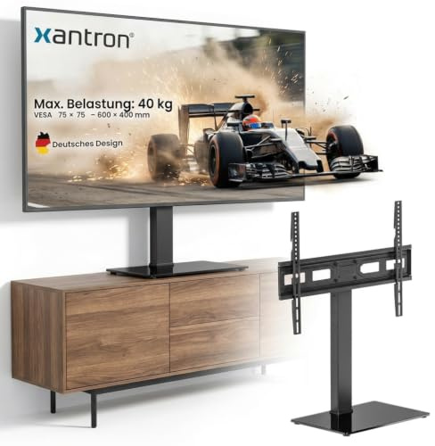 Xantron TV Ständer höhenverstellbar schwenkbar 37-75 Zoll für Sideboard | Ohne Bohren, Stahlsäule & Glas-Standfuß, 6 Höhenstufen 36-55 cm, 35° schwenkbar, bis 40 kg, VESA bis 600x400