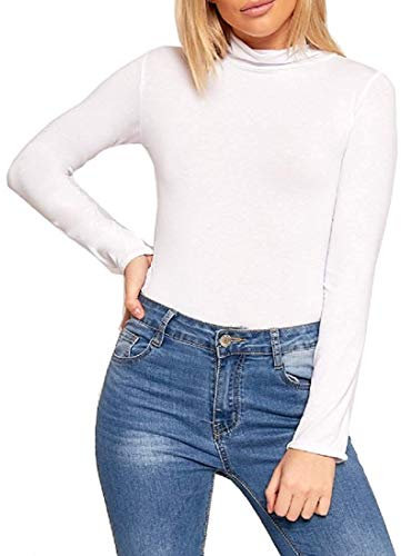 Candid Styles Womens Ladies Polo Roll Neck Long Sleeve Turtle Neck Plain Jumper Top 8 26, M/L 12-14, White…