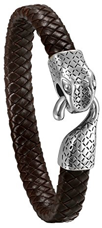 JewelryWe Schmuck Herren Armband, Gotik Edelstahl Schlange geflochten Leder Armband Armreif Geschenke für Männer, Braun Silber