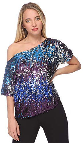 ANNA-KACI Damen EIN Schulter Kurzarm Blingeling Glitzer Pailletten Lose Bluse Batwing T-Shirts Vintage Tops Oberteile, Mitternacht, L
