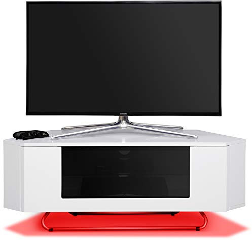 Homeology Hampshire Corner-Friendly Gloss White with Black Beam-Thru Remote Friendly Door 26-50 Flat Screen TV Cabinet with 16 Colour LED Lights
