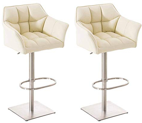 CLP 2er Set Barhocker Set Damaso Mit Kunstlederbezug Und Hochwertiger Polsterung I Höhenverstellbare Drehbare Barstühle Mit Lehne, Farbe:Creme, Gestell Farbe:Edelstahl