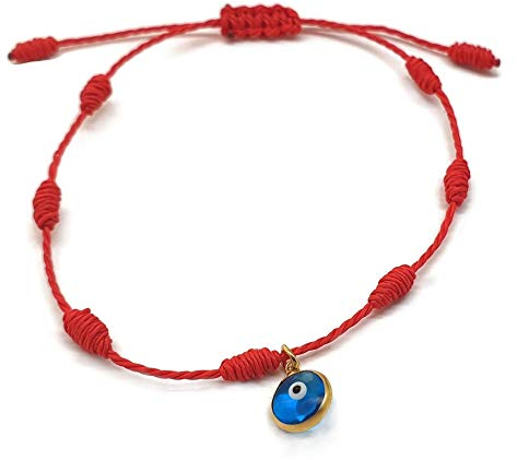 MYSTIC JEWELS by Dalia – Bracciale Kabbalah – Cordino 7 nodi di di filo rosso con un piccolo occhiello in argento 925 placcato oro – Unisex – Regolabile – Protezione da malocchi (Rosso)
