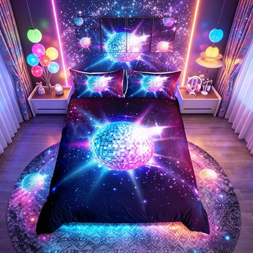Loussiesd Glitter Ball Bedding Set Disco Ball Comforter Cover for Boys Girls Children Galaxy Space Duvet Cover Stars Prrple Room Decor Starry Sky Bedspread Cover Single Size Quilt Cover 2Pcs