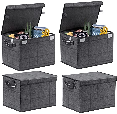 VENO 4 Pack Collapsible Storage Bin with Lid and Handle,Portable File Organiser Box Christmas Ornament and Bauble Storage Box,Basket Container for Bedroom Clothes,Books(Black Windowpane - Set of 4)