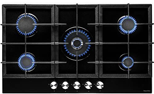 PremierTech PC905G Piano Cottura a Gas 5 Fuochi con Bruciatore Wok Vetro Nero 90cm (86cm) da Incasso Griglie in Ghisa Professionali Accensione Elettrica Manopole Frontali Elegante Sicuro Potente