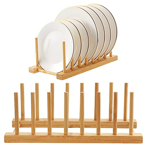 Kinsinder 2 Stück Tellerständer Abtropfgestell Bambus Geschirrabtropfgestell, 7 Steckplätze Tellerhalter Holz, Abtropfgestell Holz Plate Holder für Teller, Tassen, Topfdeckel