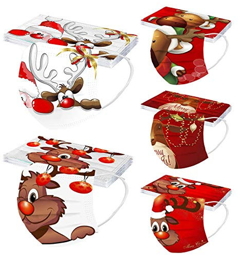 NCQiFei 50 Stück Erwachsene Mundschutz Weihnachten Einweg Weihnachtsmotiv 3 lagig Weihnachtsmaske mit Motiv Bunt Mund und Nasenschutz,Atmungsaktive Bandana Schals Halstuch für Männer Frauen (A18)