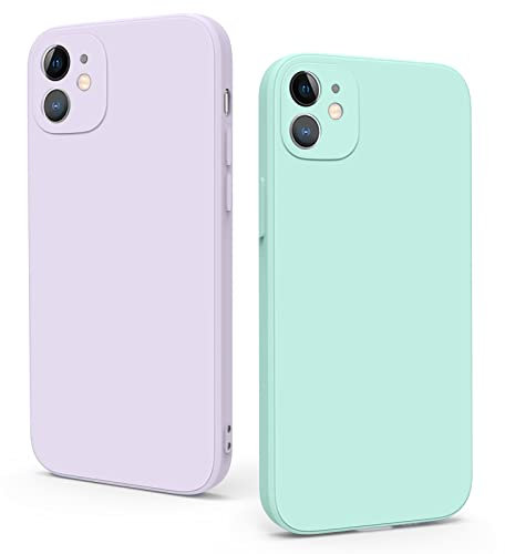 Tobfit 2 Pièces Coque Silicone Liquide Compatible avec iPhone 11 (2019), Ultra Fine,Housse Doublure Douce en Tissu Microfibre,Case de Protection Complète (Violet+Mint)