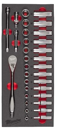 Milwaukee 3/8 Inch 32 Pieces Ratchet and Socket Spanner Set, Metal, 190 mm, 3.16 kg