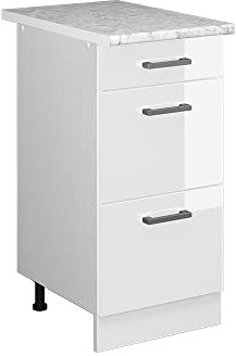 Vicco Küchenunterschrank R-Line, Weiß Hochglanz/Weiß, 40 cm mit Schubladen, AP Marmor