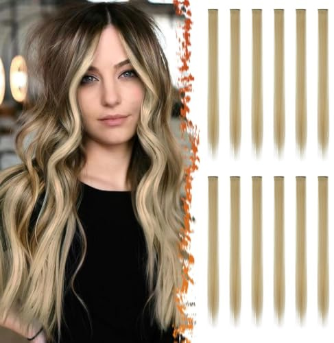 BARSDAR 12 Stück Farbige Haarverlängerungen, Highlights 55cm Glattes langes Haarteile Haarsträhnen Zum Einklipsen Farbiger Clip in Haarverlängerungen Extensions Bunt für Frauen