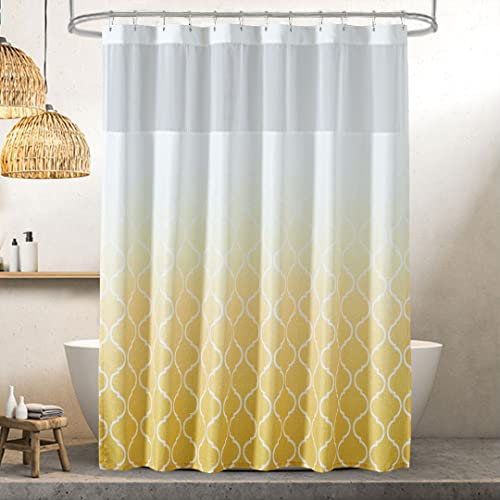 YOSTEV Gold and White Shower Curtain with Mesh Top Window, Gold Ombre Geometric Shower Curtains for Bathroom with 12 Metal Hooks, Textured Waterproof Bath Curtain, 72 x 72 Inch
