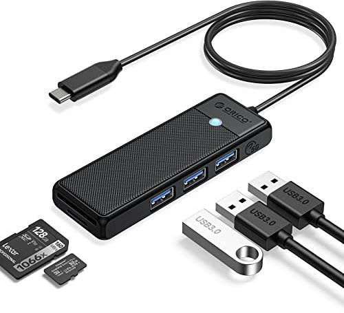 ORICO USB C Hub, USB 3.0 Verteiler mit SD/TF Kartenleser, 3 Ports USB 3.0 Mini USB Splitter, USB-C Expander für MacBook Pro/Air, iMac, Notebook PC, Flash Drive, Kamera, Tastatur, Maus(1,0 M, Schwarz)