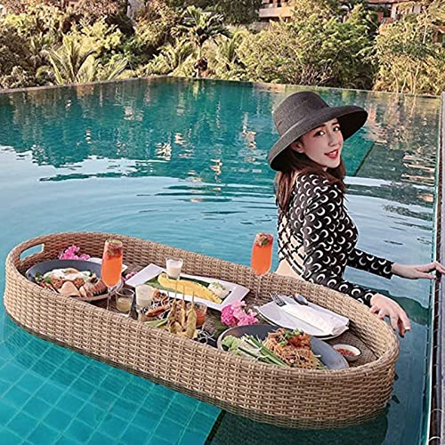 SSQUZA Rattan Gewebtes Serviertablett Schwimmendes Tablett für Pool mit Griffen,Schwimmendes Luxus-Serviertablett,Tischbar Schwimmbecken,wasserdichtes Pool Party Spielzeug,Apricot