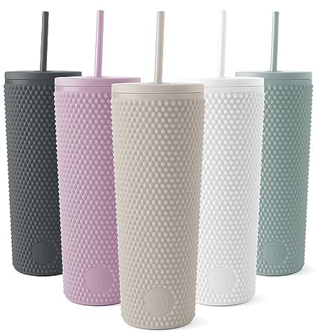 Simple Modern Plastic Matte Studded Tumbler with Lid and Straw | Reusable BPA Free Iced Coffee Cups Double Wall Smoothie Cup | Gifts for Women Men Him Her | Classic Collection | 24oz | Almond Birch