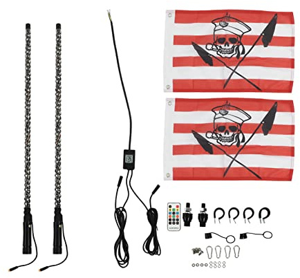 Fouet LED avec 2 Drapeaux, Contrôle par Application 20 Couleurs Lumineuses, 300 Motifs, 366 Modes, Antenne éclairée pour UTV ATV Hors Route, Camion, Sable, Dune (3 Pieds)