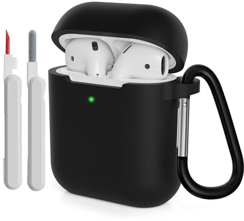 KOKOKA Custodia in Silicone Compatibile per AirPods 2 con Kit di Pulizia, Case Cover Protettiva in Premium Silicone per Airpods Seconda Generazione 2019 con Moschettone, Nero