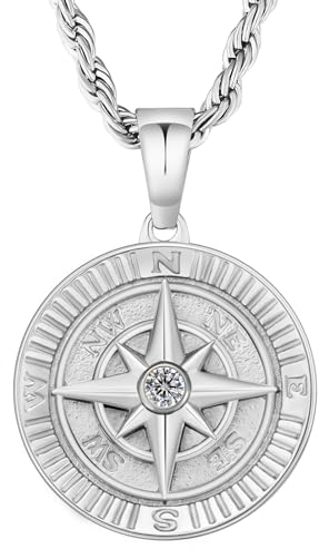 KRKC&CO Kompass Münze Anhänger Kette Silberkette Herren, 2,5mm 55,9cm Rope Kette Kettenanhänger Windrose mit Zirkonia Silber, Edelstahl Medaillon Halskette, Geschenk für Männer Jungs Freund