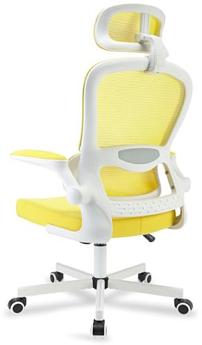Blisswood Ergonomic Office Mesh Chair with Lumbar Support - Flip-Up Armrest - 360° Swivel Executive Computer Desk Chair for Home Office & Gaming - Adjustable Headrest - Reclines 90° - 130° (Yellow)