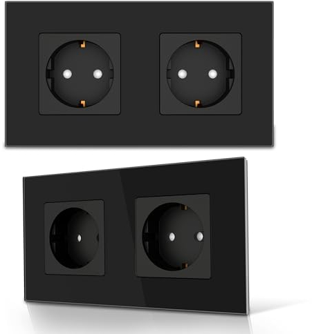 PULSAR Steckdose 2 Fach 2er Pack Wandsteckdose Schwarz Glas 2Fach - Unterputzsteckdose 16A mit Glasrahmen Abdeckung und Kindersicherung - Doppelsteckdose Flach Steckdosen Set Komplett