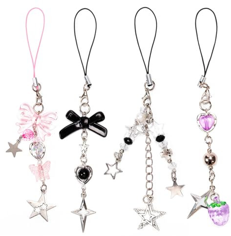 Dzpuhuojz 4PCS Phone Charms, Pink Butterfly Star Phone Charm Strap Y2K Accessories for Keychain, Airpods Bag, Pendants Decor (Black)