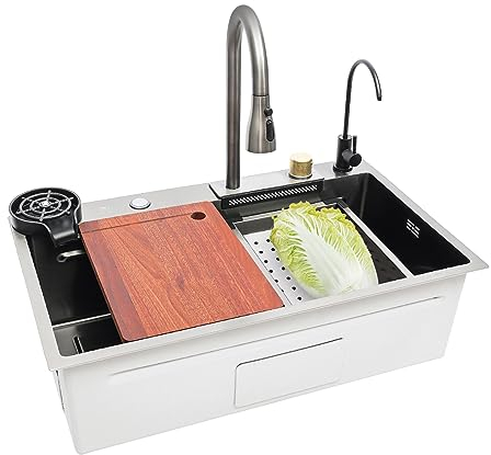 Fregadero de cocina con cascada de lluvia individual, acero inoxidable, con grifo extraíble, grifo de agua potable, tabla de cortar, lavavajillas (plata, 68 x 45 x 21 cm)