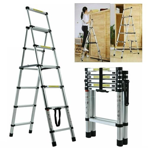 Banas Folding 5+6 Steps Aluminium Herringbone Ladder Portable Household Multi-purpose Heavy Duty Telescopic Ladder, 1.7M+2M/5.6FT+6.6FT, Max Load 150kg/330lb; Easy Storage, Indoor & Outdoor Use