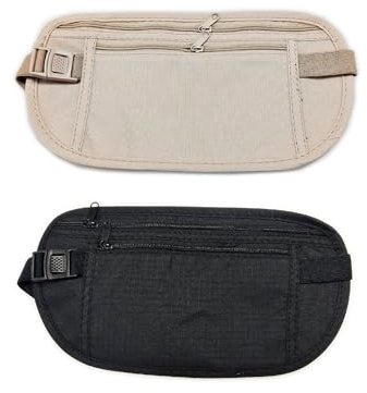 2 Cinture di denaro nascoste, borsa di sicurezza antifurto, borsa sportivo, cintura regolabile, marsupio da viaggio impermeabile per passaporto, denaro contante, 2 Khaki E Nero