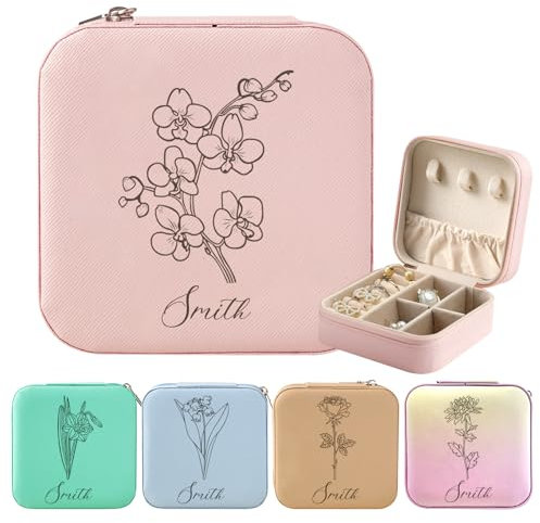Lifemaison Personalised jewellery box,With Name and Flower of the Month of Birth, Jewellery Organiser for Rings,Necklaces,Earrings,Jewellery Case Personalized Gifts for women,friend,christmas
