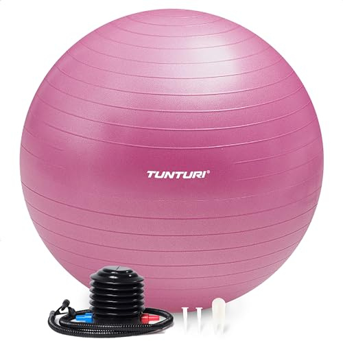 Tunturi Anti Burst Fitnessball mit Pumpe - Yoga-Ball 75 cm - Pilates-Ball - Schwangerschaftsball – 220 kg Benutzergewicht - Inklusive Trainings-App – Lila