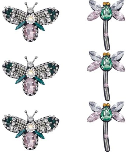GORGECRAFT 6 Stück 2 Stile Strass-Perlen-Applikation Mit Kristallperlen Tier Bienen Libelle Dekorative Aufnäher Stickapplikationen Für DIY-Bastelarbeiten Kleid Kostüm Jeans Schuhe Tasche Hut Dekor