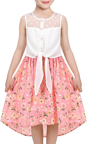 Sunny Fashion Robe Fille Rose Mousseline de Soie Floral Haut en Dentelle Haut-Bas Attacher Taille Princesse 12 Ans