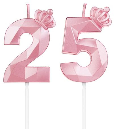 Geburtstagskerzen Zahlen 25 mit Krone,3D Kerzen Geburtstag für Kuchen geburtstagsdeko, Geburtstag Kerzen Zahlen, Geburtstagskerzen Kinder für Partys, Hochzeiten, Firmenfeiern, Jubiläen (Rosa, #25)